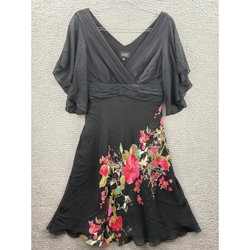 Adrianna Papell Dress Women 12 Black Floral Silk Flutter Sleeve Beaded V-Neck
